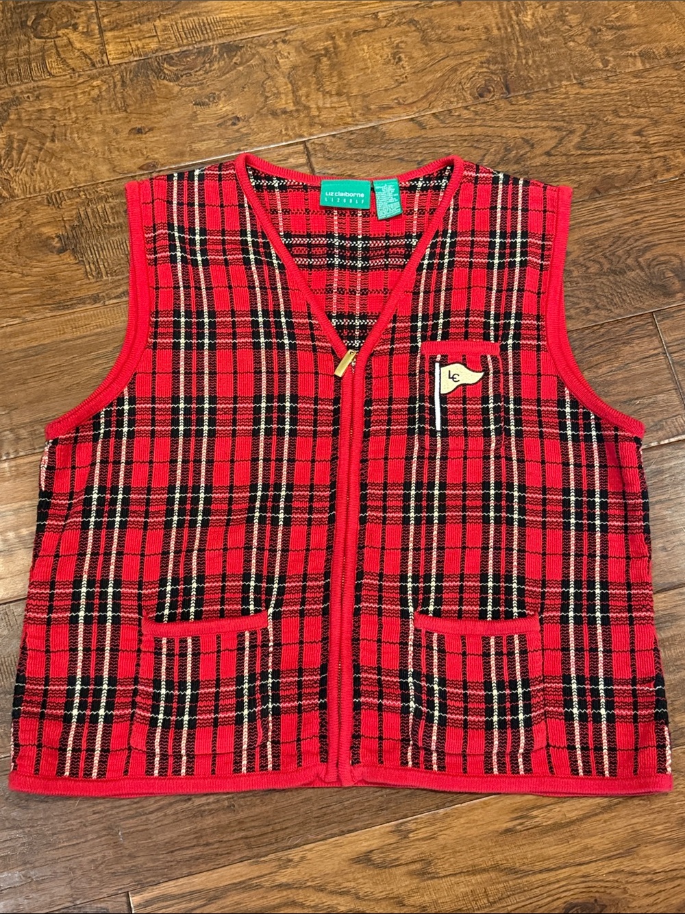Liz Claiborne golf Red Black Plaid Zip-Front Knit Vest